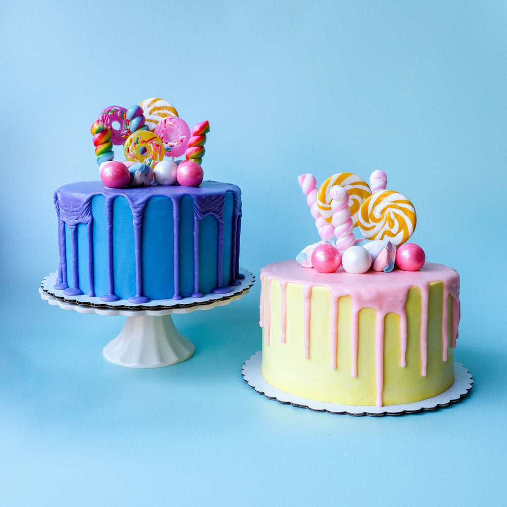 Blue and Purple and Yellow and Pink Candy Drip cakes 