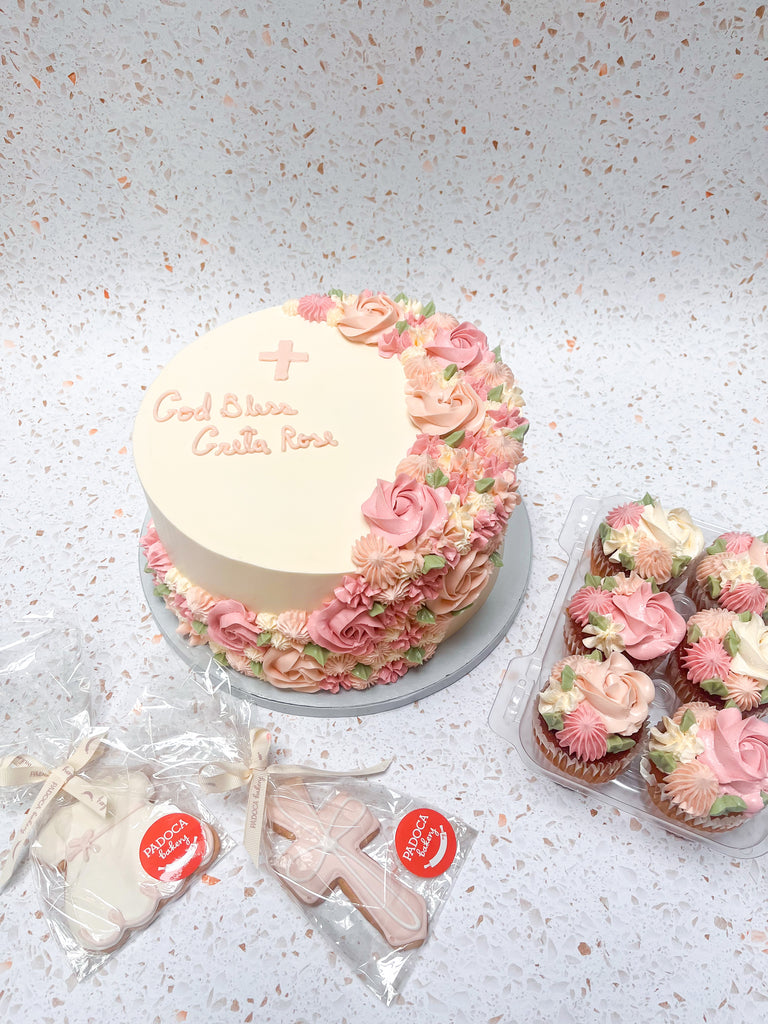 Pink and green floral rosette cake and cupcakes and pink and white sugar cookies 