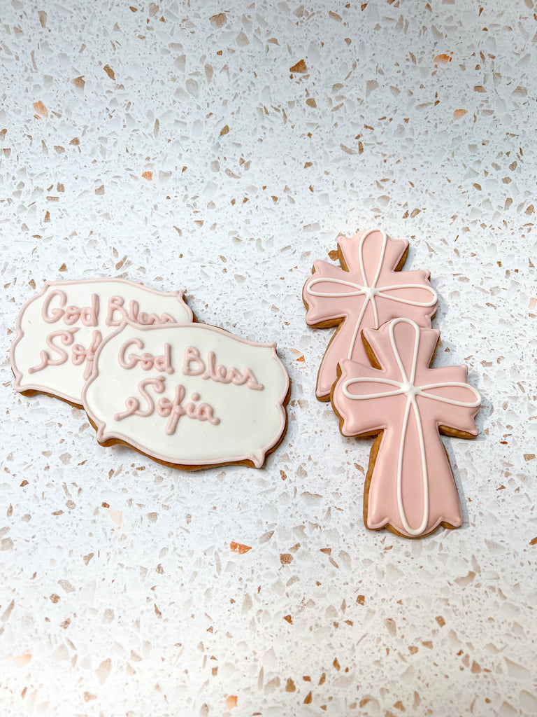 Pink and white baptism sugar cookies 