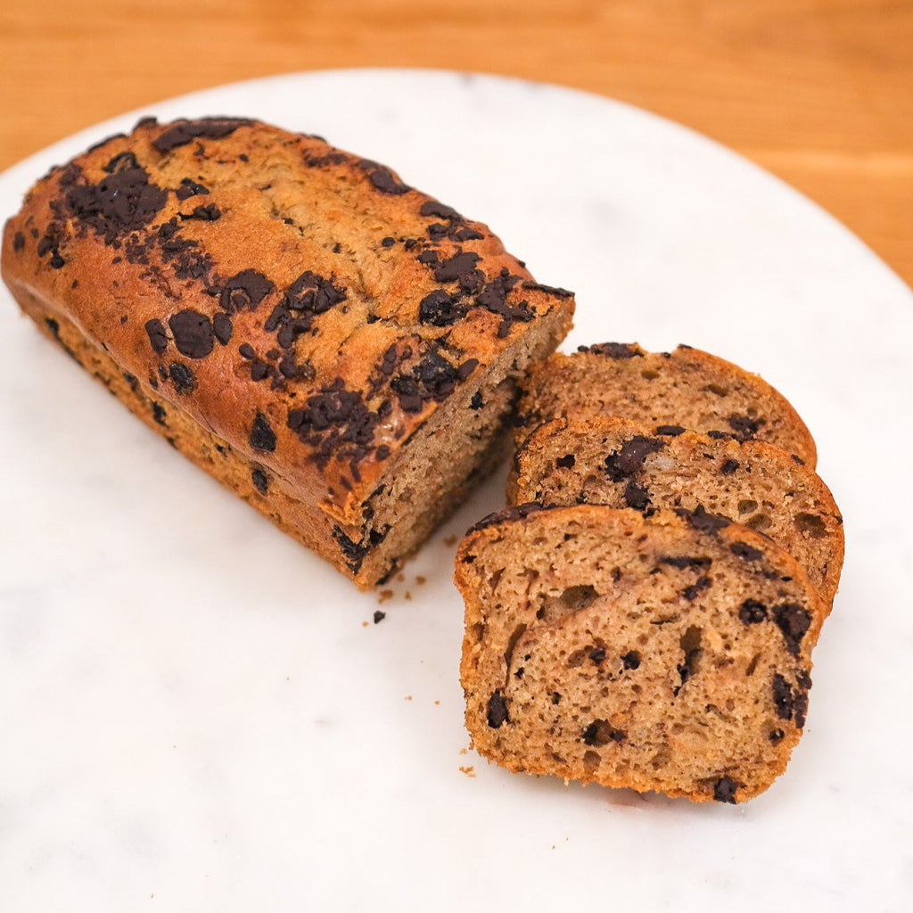Banana Chocolate Chip Loaf sliced on a plate