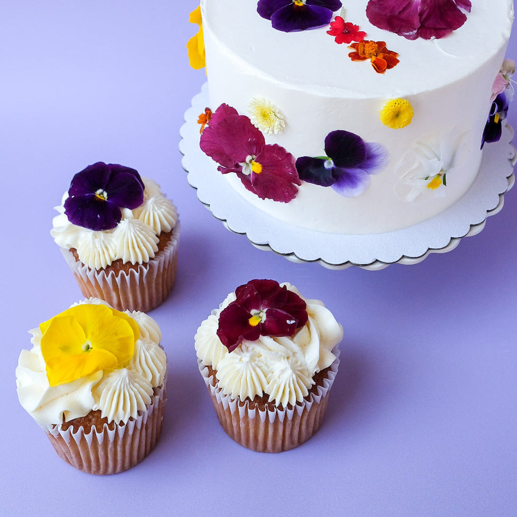 edible flower cupcakes and cake