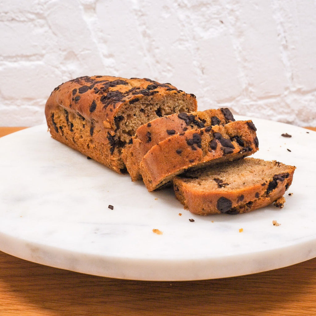 Banana Chocolate Chip Loaf sliced on a plate